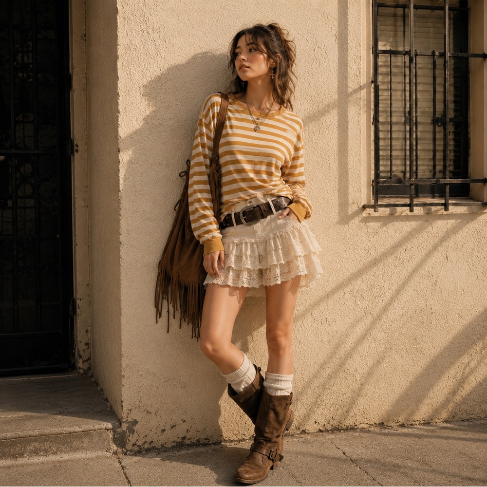 Brandy Melville Mustard Yellow Striped Long Sleeve Tee Italy Y2K Skater Coastal - Picture 7 of 7